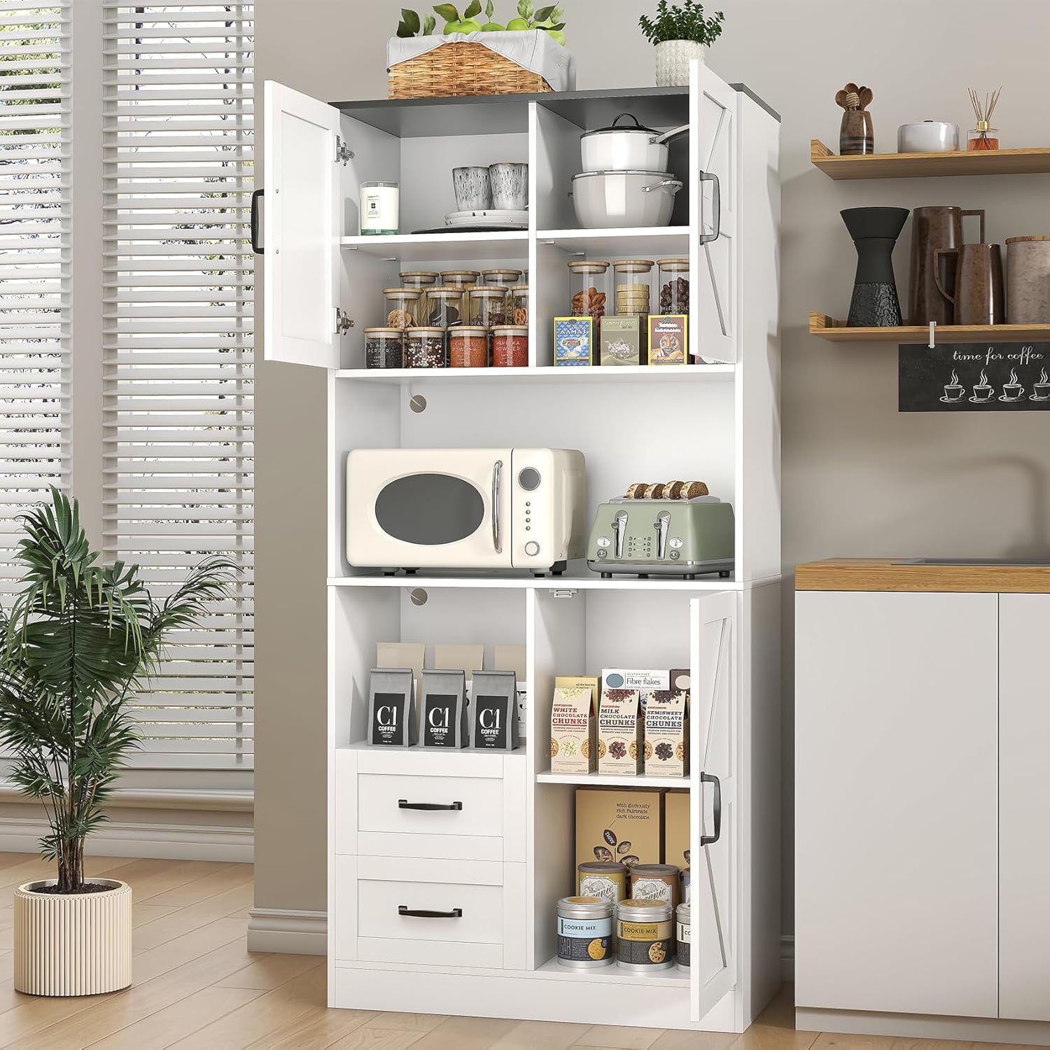 Winkalon 68'' Kitchen Pantry Hutch with Charging Station and LED Light, Buffet Storage Cabinet with Adjustable Shelves, White