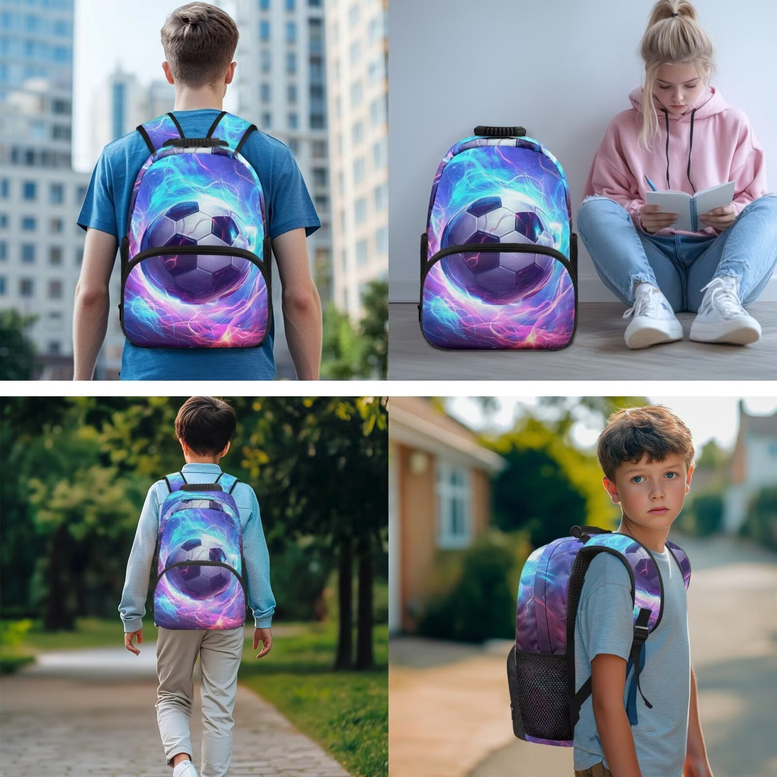 XYZCANDO Soccer School Backpack Set 5Pcs with Portable Lunch Bag Multifunctional Pencil Case 2 Piece Bookmark for Elementary Middle School