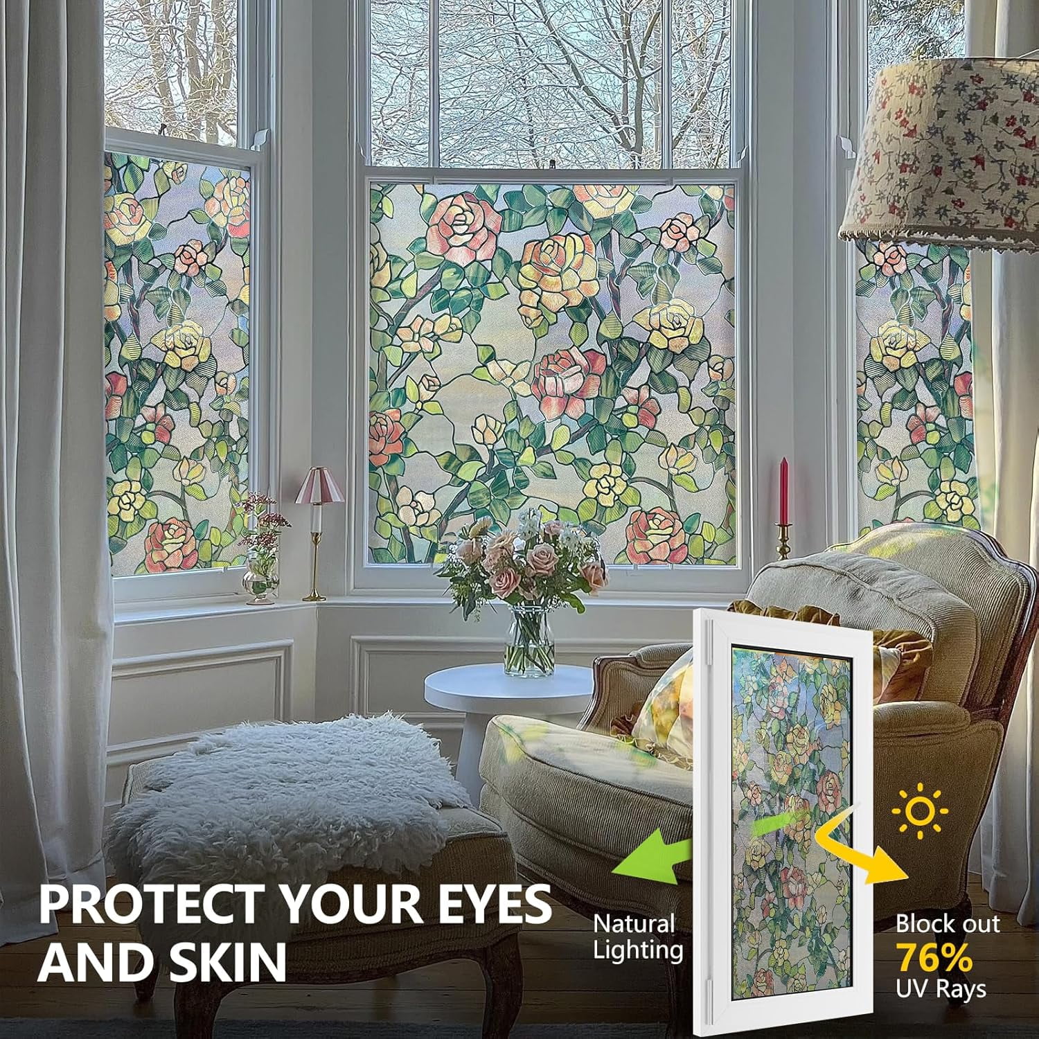 Stained Glass Window Film, Decorative Window Privacy Film for Bathroom,Front Door,Home, Sun Blocking Heat Control,Static Cling, The Beast's Rose, 23.6inch x 35.4inch