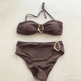 thumbnail image 5 of PWPSG Strapless Bandeau Bikini with Metal Ring Detail and Cross Over High Waist Bottom Two Piece Swimsuit Brown S, 5 of 5