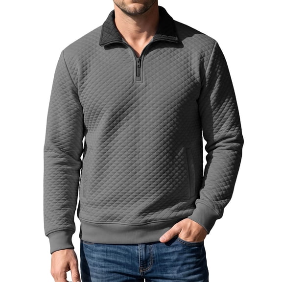 Mens Quarter Zip Pullover Sweatshirts for Men Diamond Quilted Collar Waffle Weave Sweatshirt Solid Color Casual Loose Fit Sweatshirt with Pockets