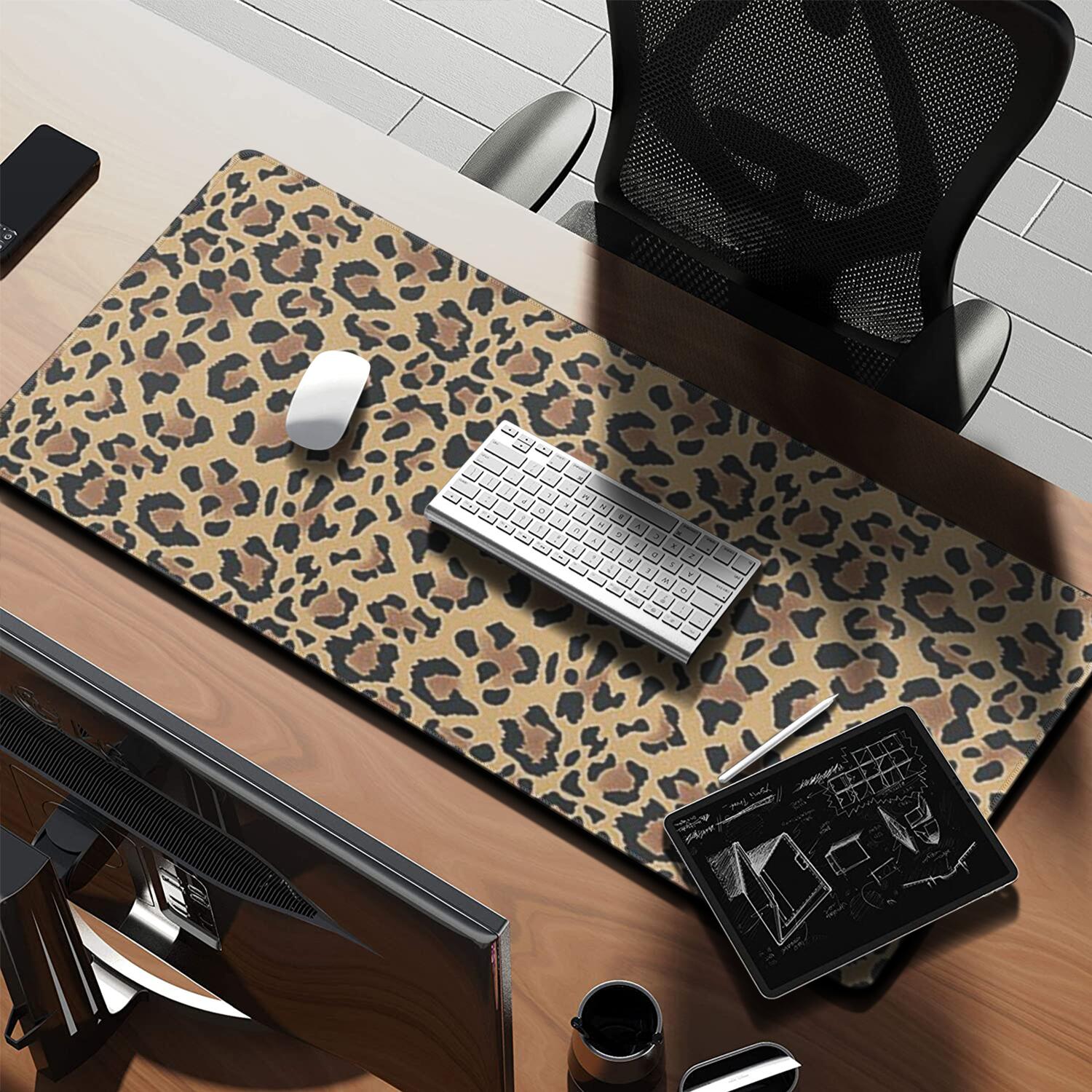Long Mouse Pads for Desk,Brown and Black Leopard Print Desk Mats on Top Of Desks, Desk Mouse Pad Extra Large with 3mm Non-Slip Base and Stitched Edge for Gaming,Office,Work,Home 35.4"x15.7"