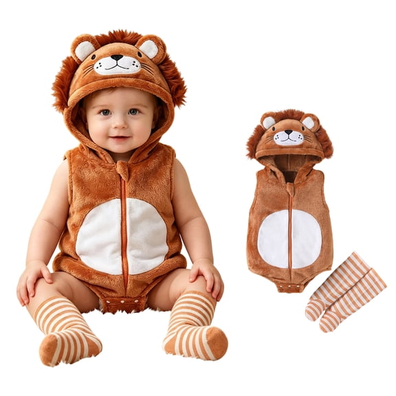 Baby Toddler Girls Sleeveless Hooded Bodysuit with Socks Two Piece Set Lion Outfit Animal Halloween Cosplay Halloween Kids Size 0-18 Months