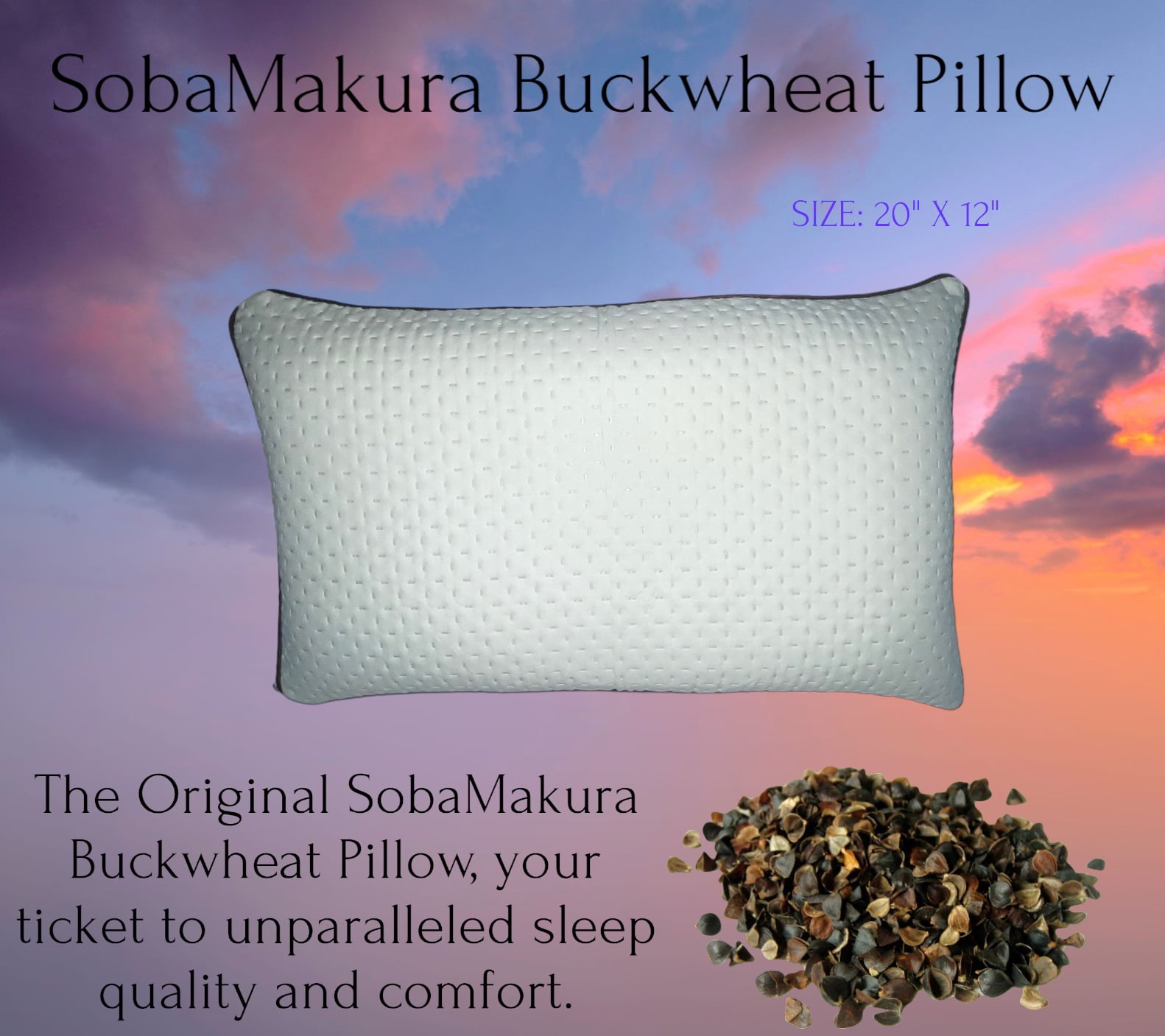 SobaMakura Original Buckwheat Pillow with 100% Cotton Cover, White, 20" x 12"