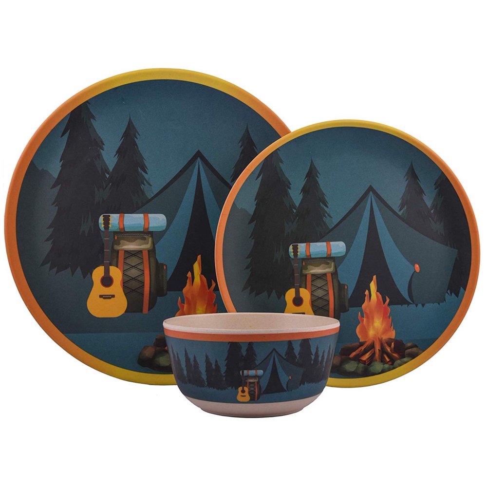 Melange 12Piece Bamboo Dinnerware Set (Campers Tent) ShatterProof