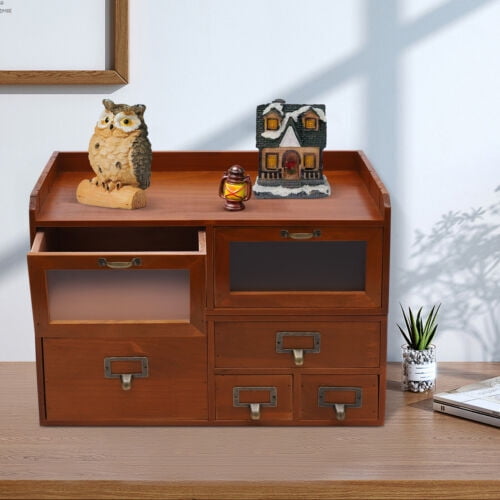 6-Drawer Desktop Storage Cabinet Wooden Box Organizer for Office Supplies Storage Pine Wood