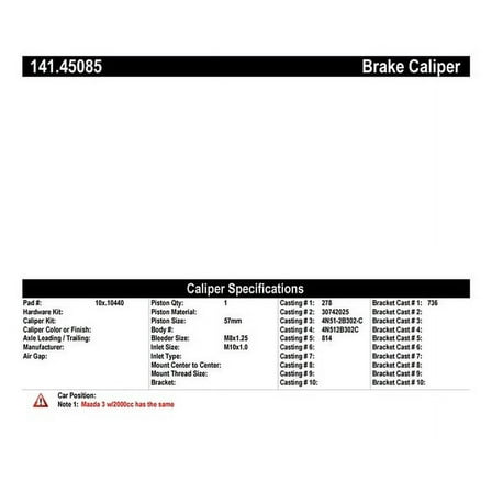Centric Parts Disc Brake Caliper P/N:141.45085 Fits select: 2004-2011 VOLVO S40, 2004-2005 MAZDA 3