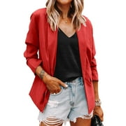 Angle View: GirarYou Women Slim Casual Blazer Jacket Top Outwear Long Sleeve Career Formal Long Coat, Solid Color Jacket in 10 Colors