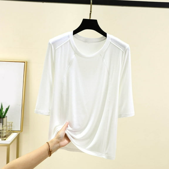 asjyhkr Women Blouses Crew Neck 3/4 Sleeve Loose Pajama Tops Casual Breathable Home Sleepwear Solid Color Shirts