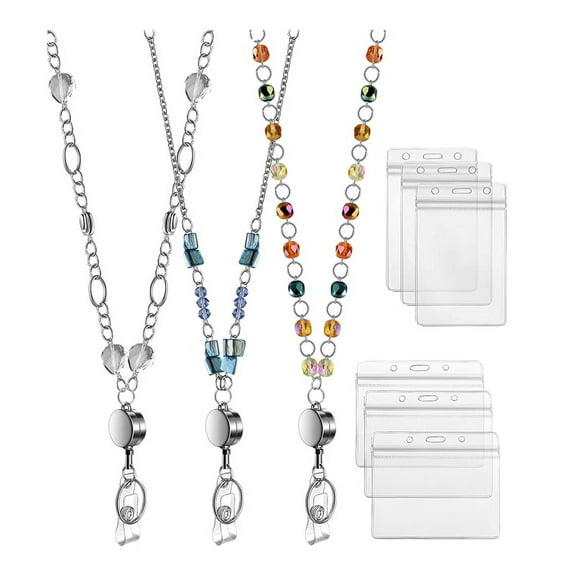 2024 TOP! 3 Pcs Retractable Badge Reels Lanyard with Name Card ID Holder for Beaded Necklace