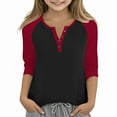 thumbnail image 1 of Cowsor Girl's Casual 3/4 Sleeve T Shirts Button V Neck Tunic Blouses Color Block Basic Tee Tops Loose Fit Summer Shirt, 1 of 6