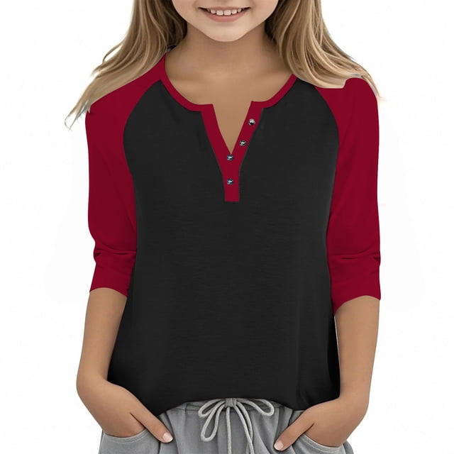 Cowsor Girl's Casual 3/4 Sleeve T Shirts Button V Neck Tunic Blouses Color Block Basic Tee Tops Loose Fit Summer Shirt