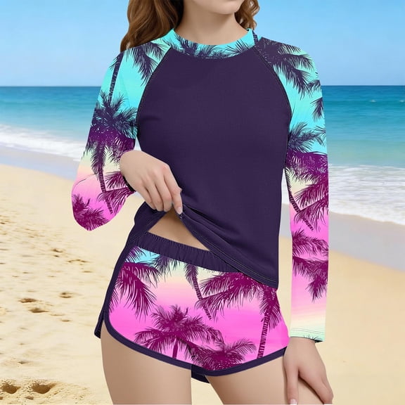 LEKWK Girls Swimsuit 2 Piece Long Sleeve UPF 50 Rash Guard with Shorts Quick Dry Crew Neck Printed Bathing Suit Summer Hawaiian Beachwear Size 6-15Y