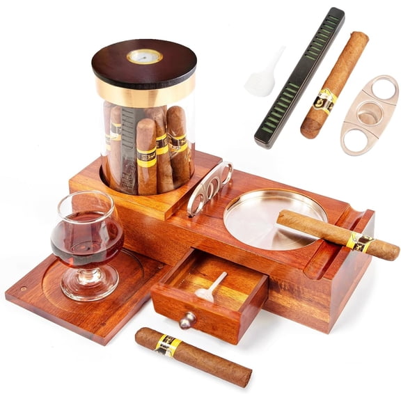 TBVBVYU 20-Cigar Humidor and Ashtray Set & Cutter | Solid Wood Desktop Box with Humidifier, Hygrometer,Drawer,Cigar Gift Set for Men,Home or Office Use