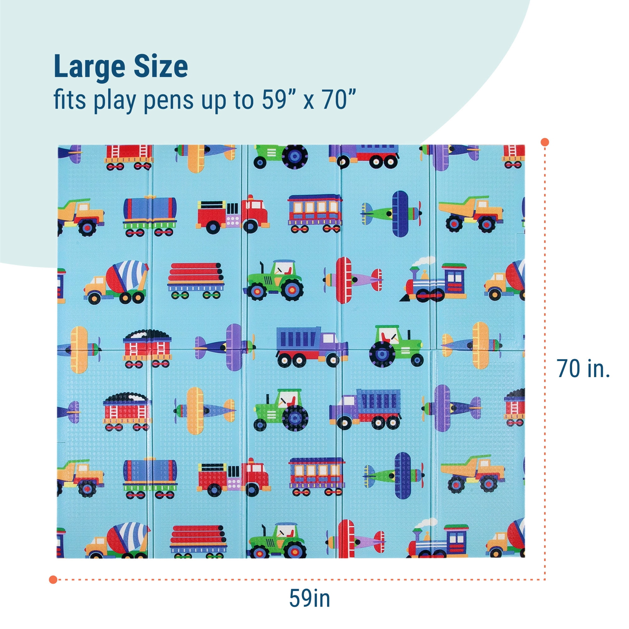 Wildkin Baby Play Mat - Large Folding Foam Play Mat for Infants, Babies, Toddlers, Waterproof, Double-sided (70" x 59") - Trains, Planes & Trucks