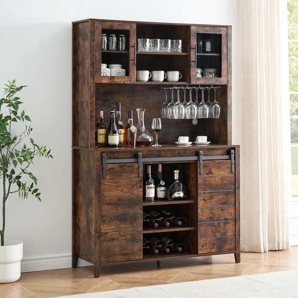 Farmhouse Bar Cabinet with Sliding Barn Door, 70" Rustic Buffet Cabinet with Storage Shelves, Liquor Cabinet with Wine and Glasses Rack, Sideboard Cupboard for Kitchen, Dining Room, Brown