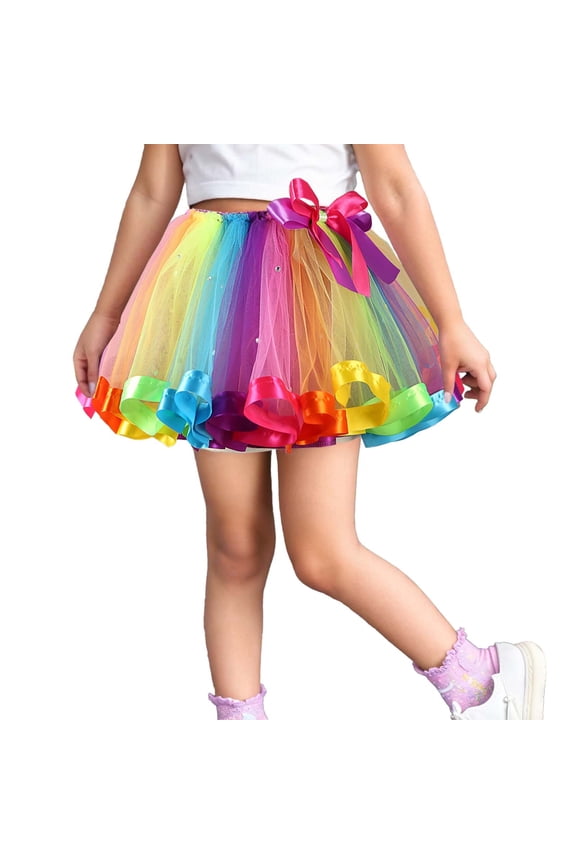 Girls Ballet Dance Tutu Skirt Layered Ribbon Tiered Petticoat Dress Up Party Wear Multicolour 4-6 Years