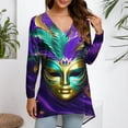 thumbnail image 4 of Resicozy Womens Mardi Gras Shirt Funny Mask Printed Pullover Fashion Party V-Neck Long Sleeve Shirts Top Navy L, 4 of 5