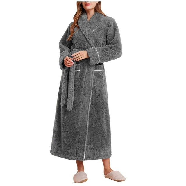 WRKEKC Robes for Women Unisex Assorted Color Fleece Shawl Collar Thickened Flannel Pocket Long Bathrobe with Belt Fall Winter Loungewear Sleep Robe