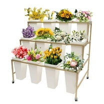 Mustrod 3-Layer Moving Plant Shelf Flower Display Stand Metal Florist Ladder Rack   12 White Buckets