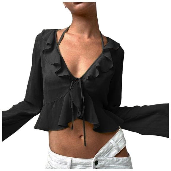 Yzengfg Women's Long Sleeve Sheer Summer Lightweight Tie Front Cardigan See Through Cover Ups Black