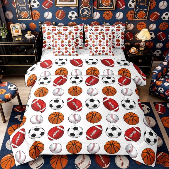 Castle Fairy Basketball Soccer Football Baseball Twin Bedding 7-Piece, Sport Ball Game Bedding Comforter Set, Multicolor White