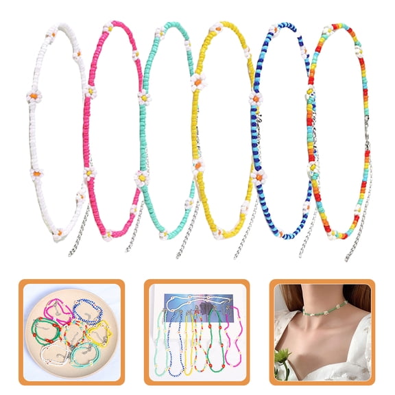 UPOUART 6Pcs Women Boho Beaded Necklace Flower Design Statement Choker in Assorted Color