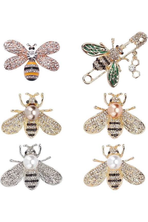 6Pcs Bee Rhinestone Brooch Sweater Shawl Clip Honeybee Brooch Pins Insect Themed Alloy Badge with Rhinestone Plastic Pearl for DIY Women Wife Sisters Friends Daily Wear or Dating