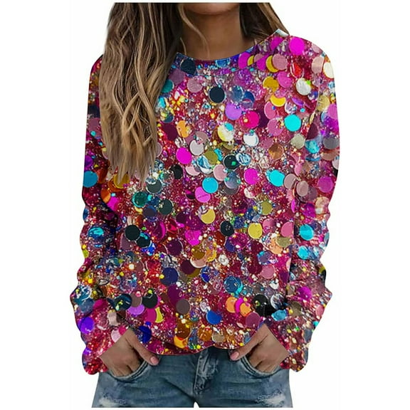 successthop Plus Size Sweatshirts for Women Sparkle Print Oversized Crewneck Long Sleeve Pullover Sweaters Outfits