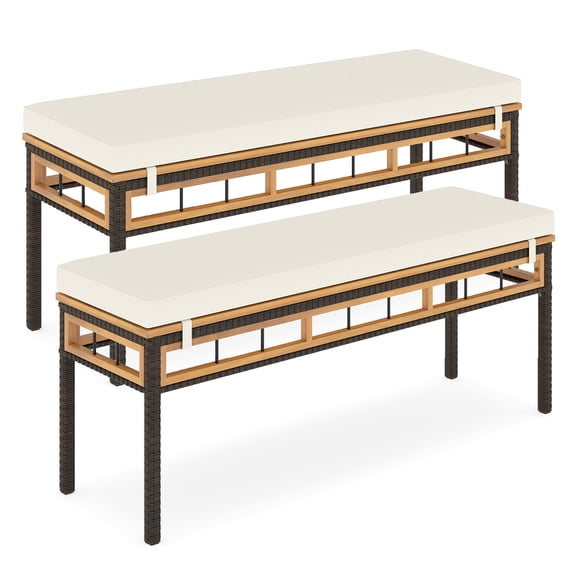 Gymax 2PCS 48'' Wicker Patio Bench w/Acacia Wood Seat Removable Padded Cushion for Deck White Outdoor