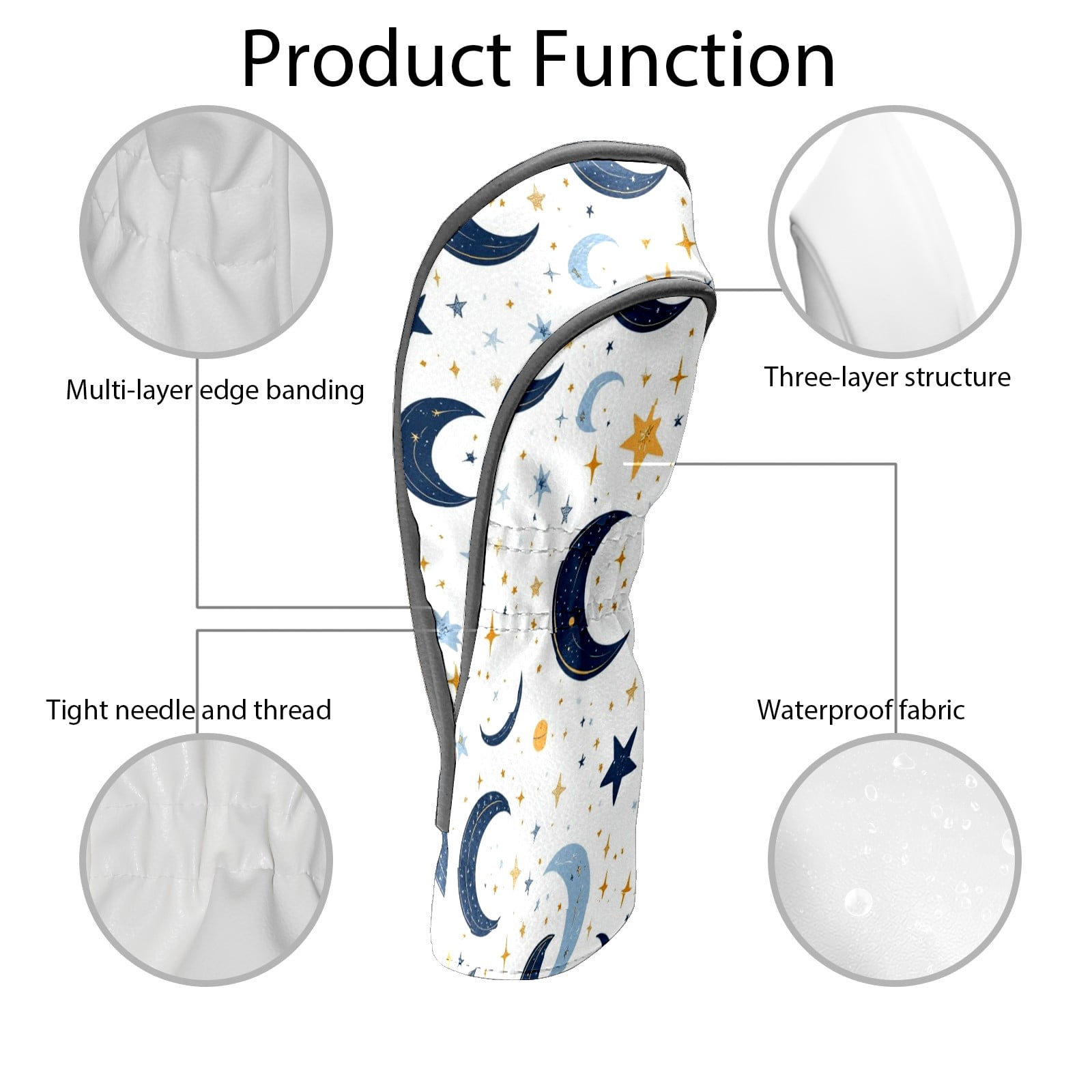 Golf Club Head Covers - Moon Pattern, PU Leather, Waterproof, Fits Fairway Woods/Hybrid, Unisex, Fits Most Brands