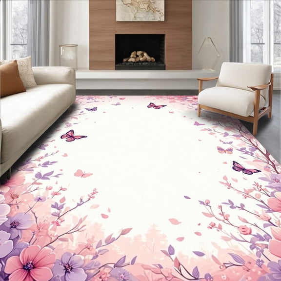 Flatwoven High Traffic Area Rug, Floral Butterfly Pastel Aesthetic, Non Slip, Stain Resistant, Washable Area Rugs for Living Room, Bedroom(Pink, 4X6)