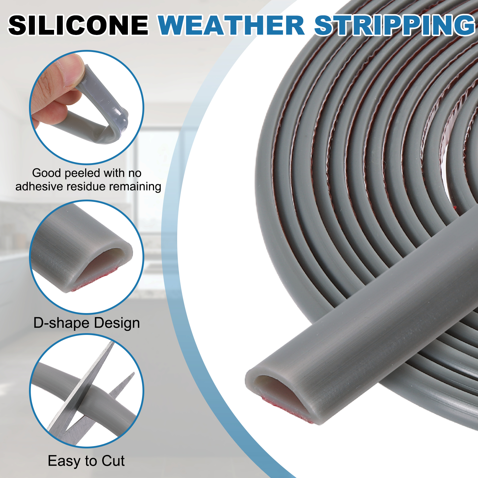 Uxcell 16.4FT Silicone D Shape Weather Stripping, 2Pcs Self Adhesive Door Seal, Grey