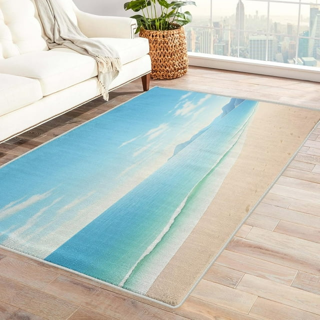 Ocean Rugs for Living Room Bedroom - Beach Rug 5x6 - Coastal Carpet for Home Decor - Washable Non Slip Patterned Indoor Large Area Rug - Soft & Low Pile (ZN&711)