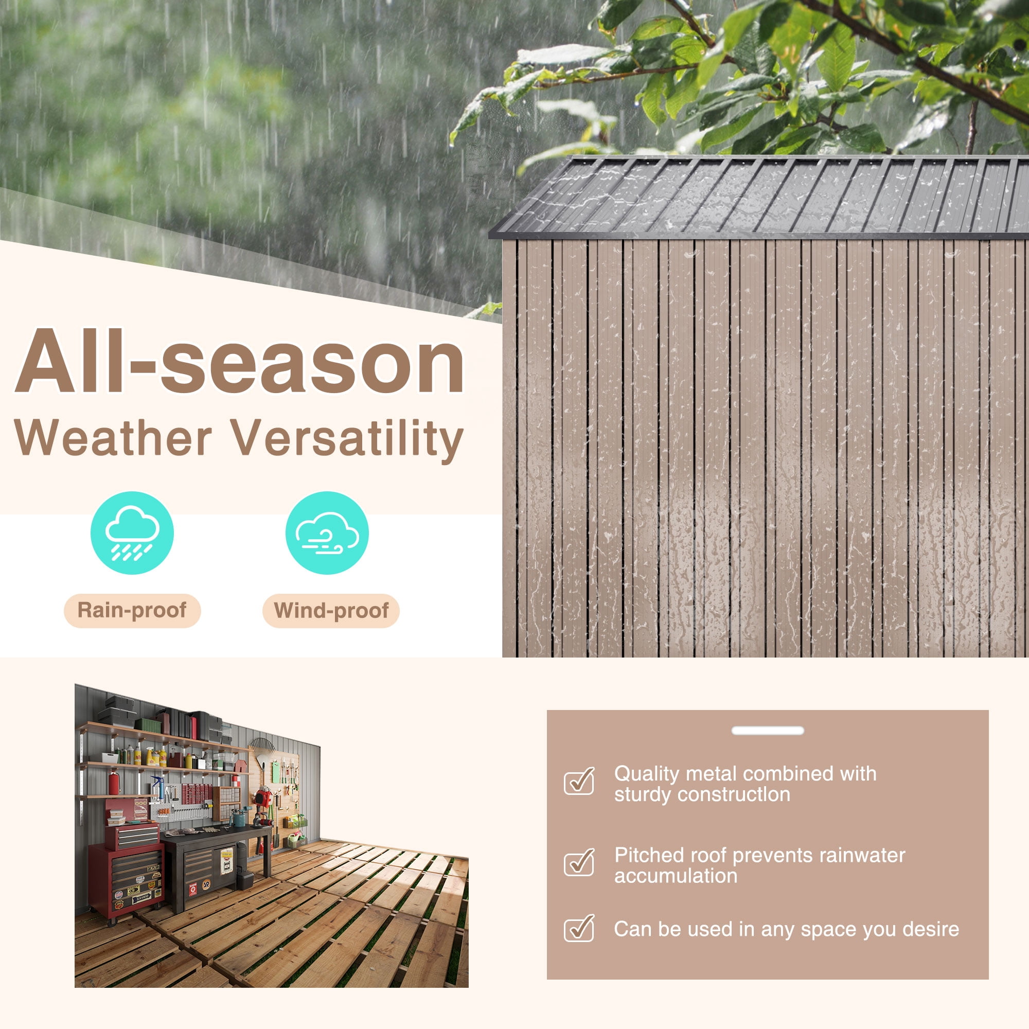 NETAJE 8'x12' Outdoor Metal Storage Shed with Upgraded Frame and Lockable Doors for Backyard, Garden, Lawn, Brown