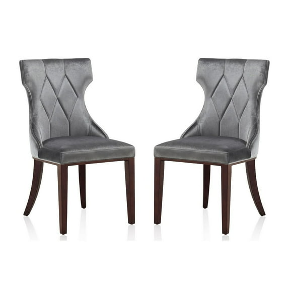 Manhattan Comfort Reine 18.5" Velvet Dining Chair in Gray/Walnut (Set of 2)