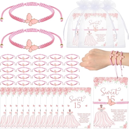 50 Sets Quinceanera Party Favors for Guests Butterfly Bracelets with Thank You Cards Organza Bags Sweet 15 Quinceanera Gift Birthday Supplies Recuerdos Para 15 años Quinceañeras(50 Sets)