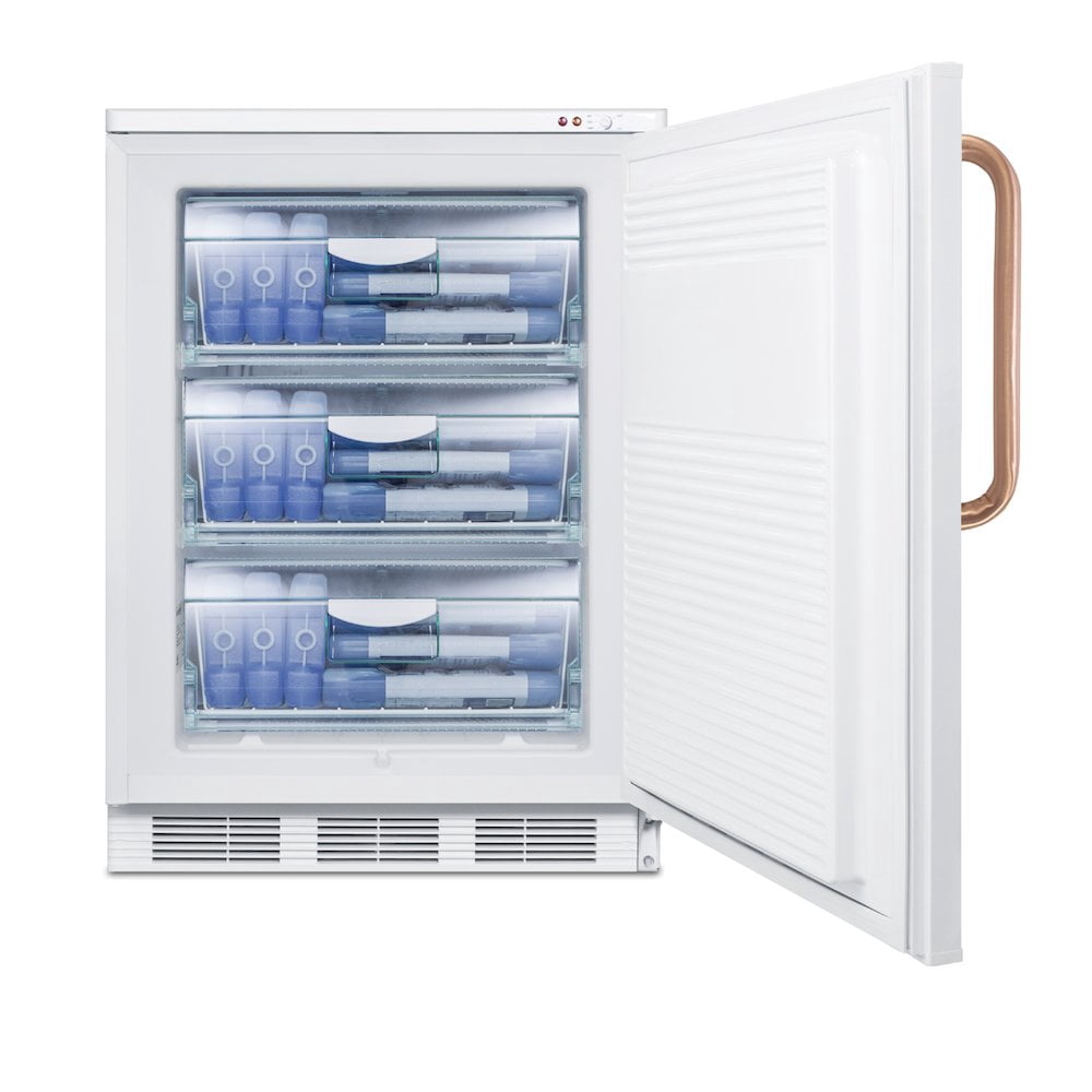 ADA compliant freestanding all-freezer capable of -25 C operation, with lock and copper handle