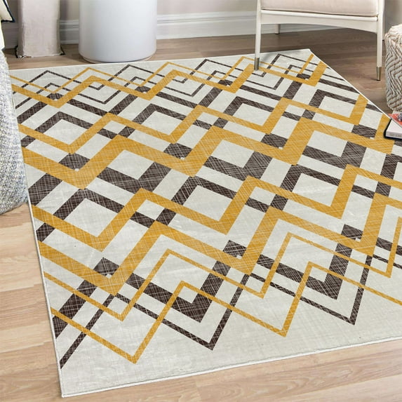 Chevron Decorative Rug, Vintage Overlapping Zigzag Lines Thin and Thick Stripes Old Classical, Quality Carpet for Bedroom Dorm and Living Room, 6 Sizes, Umber Mustard, by Ambesonne
