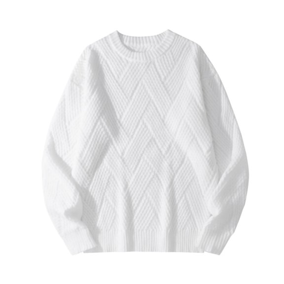 Men's Casual Sweater Solid Color Textured Knit Pullover Fall Winter Warm Tops Loose Fit Crewneck Sweatshirts (XL, White)