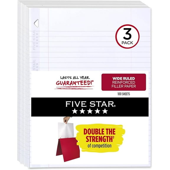 Loose Leaf Paper, 6 Pack, Notebook Paper, Wide Ruled Filler Paper, Reinforced, 8 x 10.5, 100 Sheets per Pack (15002)
