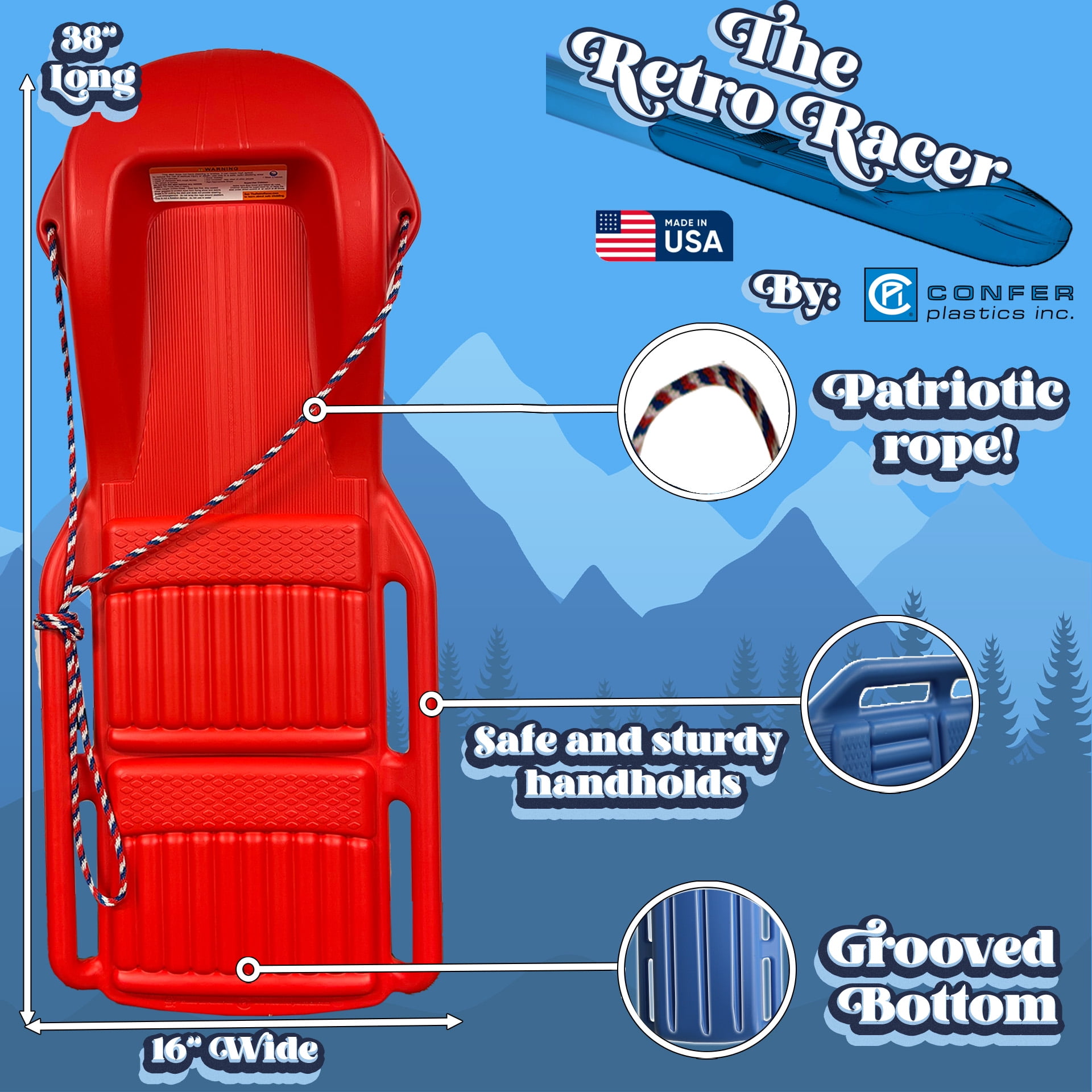 The Original Retro Racer Snow Sled by Confer Plastics, Crimson Cruiser Color, Durable Design for All Ages, Made in USA, Available as a Single Sled for Quick Rides