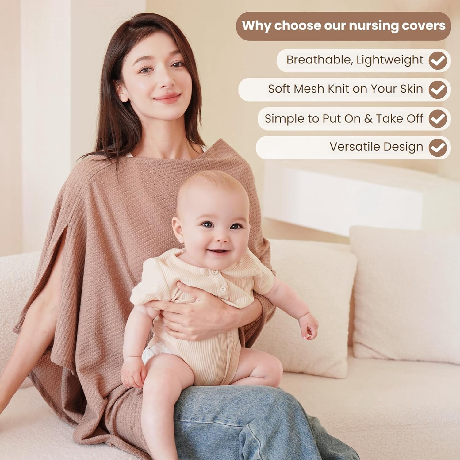 Nursing Cover for Breastfeeding, Soft & Breathable Privacy Poncho, Multi-Use Feeding Shawl, Comfortable & Portable Breastfeeding Cover for Women (Beige)