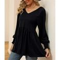 thumbnail image 3 of Temofon Womens Long Sleeve Tunic Tops 2024 Casual Puff V-Neck Pleated Flare Blouse T-Shirts with Smocked Cuffs fall clothes BLACK, 3 of 5