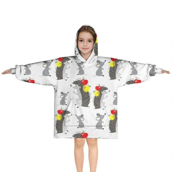 Cute Hedgehog Apple Blanket Hoodies for Kids 6-13YR Oversize Wearable Blanket Hoodies for Boys Girls Teens