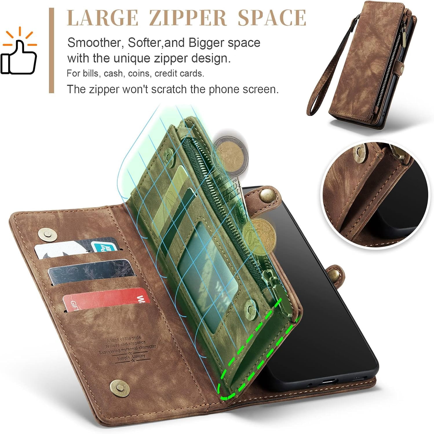 Asuwish Phone Case for Samsung Galaxy S20 Plus S20+ 5G Zipper Wallet Detachable Cell Cover with Tempered Glass Screen Protector Strap Flip Card Holder S20+5G S20plus 20S + S2O S 20 20+ G5 Women Brown