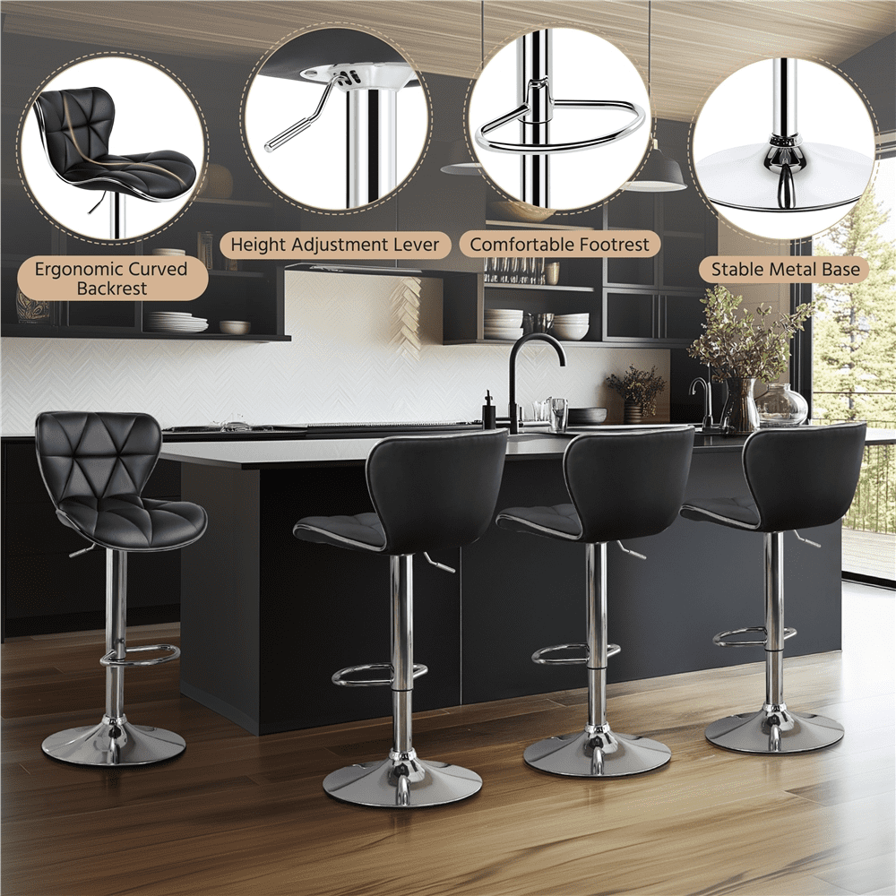 Alden Design Adjustable Mid-back Faux Leather Counter-Height Bar Stool, Set of 2, Black