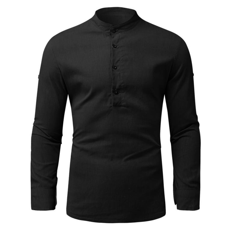 Simplmasygenix Clearance Long Sleeve Stand-up Collar Cotton Linen Shirt  Pullover Casual Solid Beach T-Shirt 