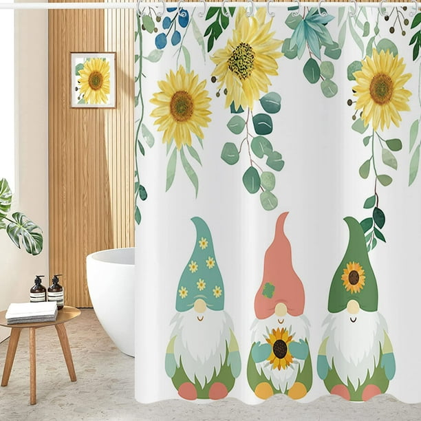 Sunflower Gnomes Shower Curtain, Eucalyptus Leaves Green Plants Summer