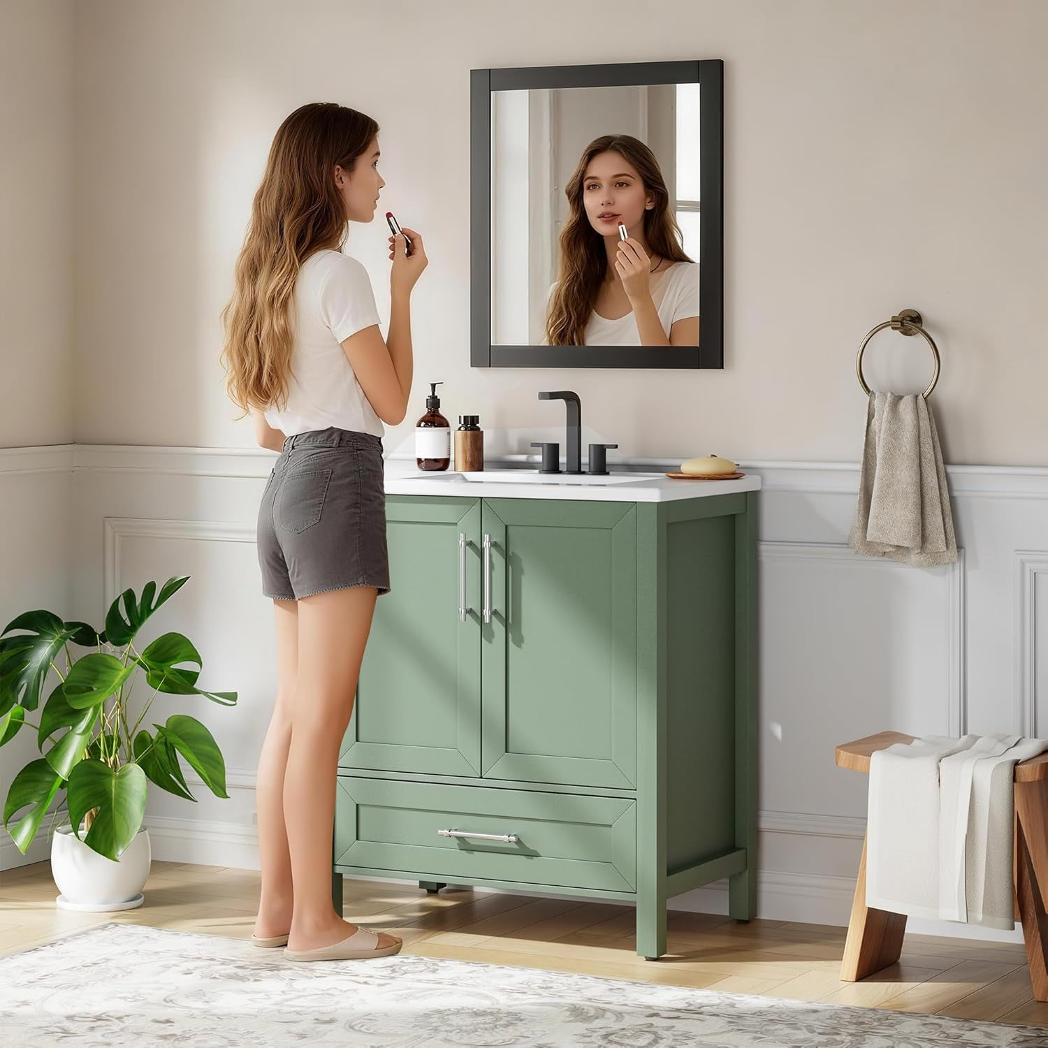 30" Bathroom Vanity with Sink, Vintage Bathroom Cabinet Vanity with Doors & Drawers, Farmhouse Wooden Freestanding Bathroom Cabinet with Top
